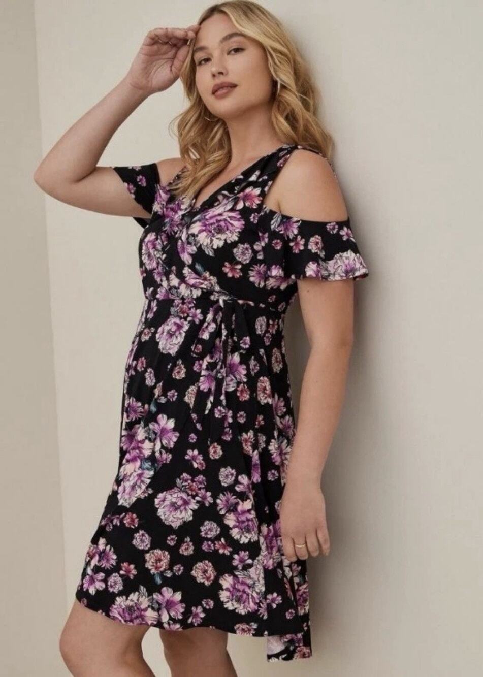 Torrid Multicolor Floral Print Surplice Cold Shoulder Ruffle Dress Size 4X